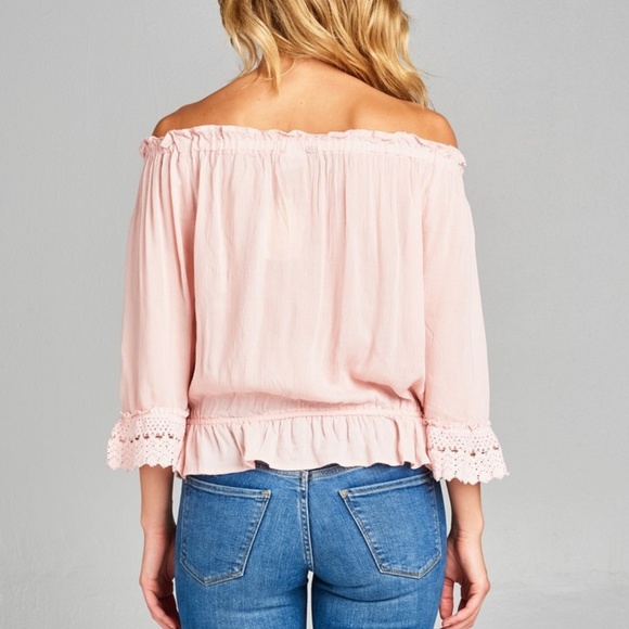 Pink Off Shoulder Lace Sleeve Top 08005 - Picture 4 of 5
